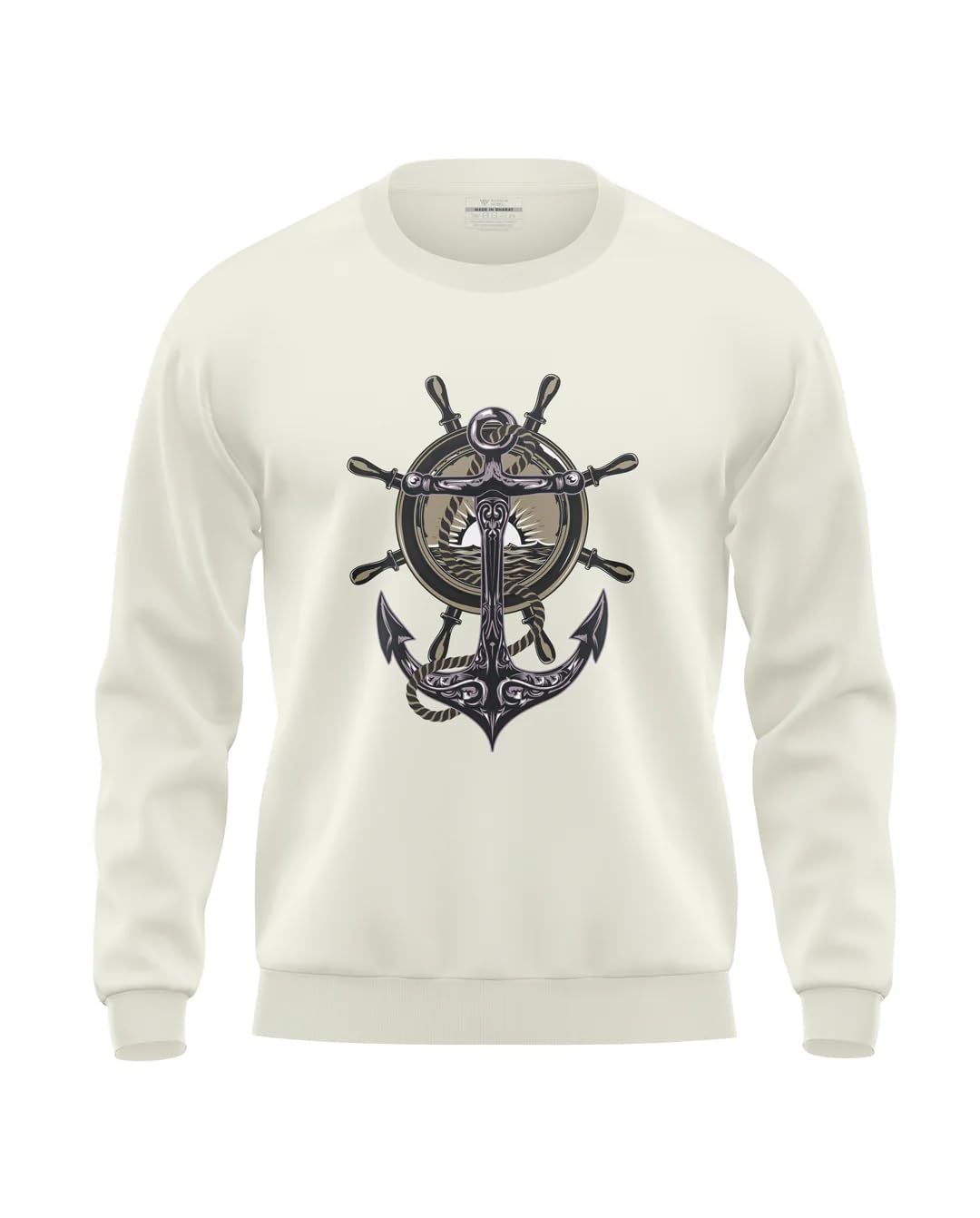 Rangriti Men's Cotton Sweatshirt | Nautical Anchor & Ship Wheel Print | Stylish Crewneck Pullover | Winter Wear | Maritime Theme in neutral