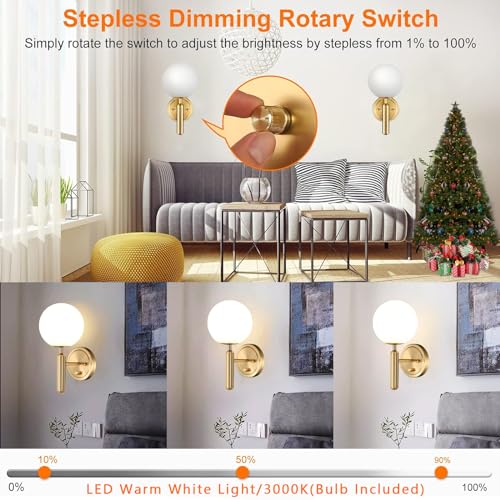 Image of Dimmable Wall Sconces with Knob Switch Hardwired Bathroom Wall Light Set of Two Decor Indoor Glass Globe Shade Gold Mid Century Modern Wall Lamp for Bedside Bedroom Living Room