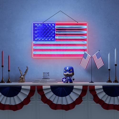 Image of 3D American LED Flag Infinity Mirror Light - 23 inch x 15 inch Patriotic Lighted Window Decoration, Light up Flag for Bedroom, Living Room, Party, Gaming, July 4th, Halloween, Christmas, New Year
