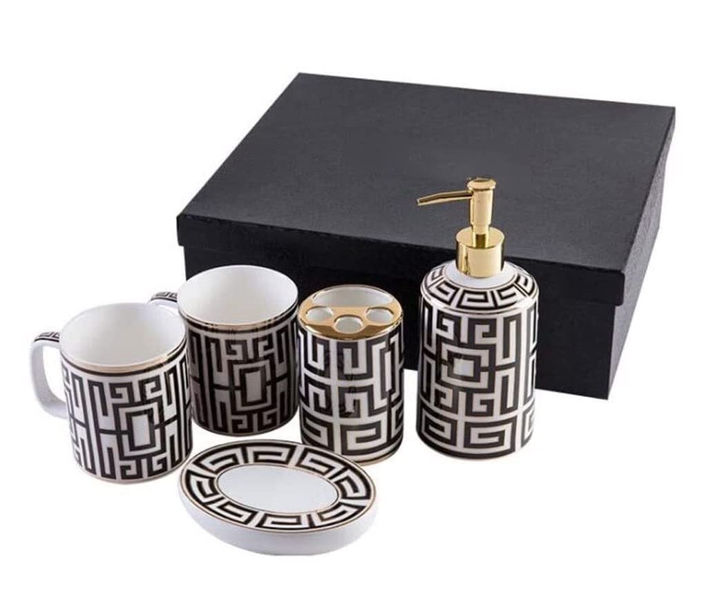 Zestaw łazienkowy 5-częściowy Ceramiczny Zestaw Akcesoriów Łazienkowych Dozownik Do Mydła Kubek Do Płukania Ust Mydelniczka Uchwyt Na Szczoteczki Do Zębów Zestaw Kosmetyków Zestaw Akcesoriów łazienkow