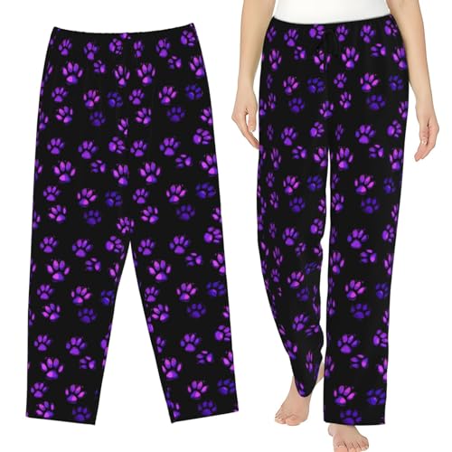 YSBKN Calças de pijama femininas com bolsos e cordão para dormir, Estampa de pata roxa, M
