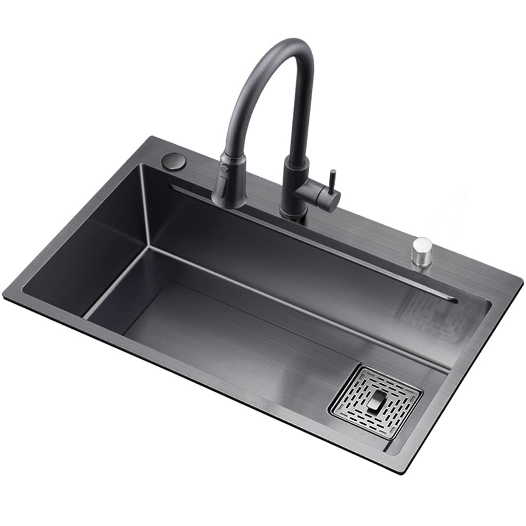 Lavello da Cucina, con Rubinetto, Lavello da Cucina Ispessito Nero Nano, Lavello da Bar in Acciaio Inossidabile, Installazione A Incasso O Sottotop, Facile da Pulire/Nero
