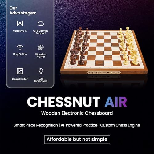 Image of Chessnut Air Electronic Chess Board with AI - Handcrafted Wooden Board, LED Indicators, Adaptive Difficulty, Full Piece Recognition - Play Online on Major Chess Platforms