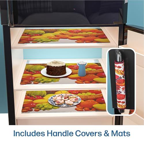 Image of Kuber Industries PVC Fridge Organizer Set, (Fridge Mat, 2 pcs Refrigerator Handle & 1 Refrigerator Top Cover) | Top & Handle Cover and Mat | Print - Fruit