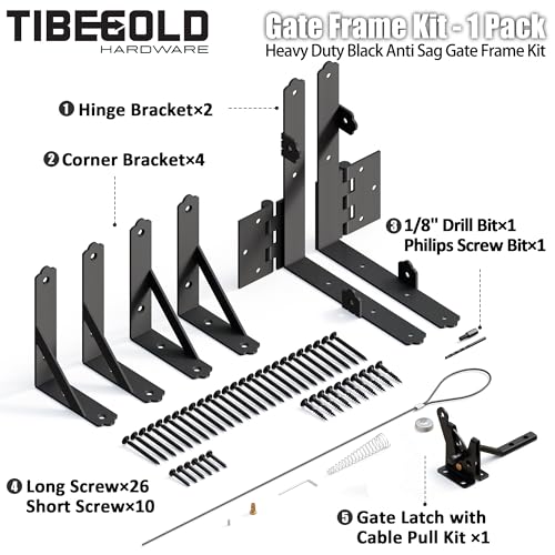 TIBEGOLD Anti Sag Gate Frame Kit, Heavy Duty Gate Corner Brace Brackets, Gate Hardware Kit with Self-Locking Gate Latch for Outdoor Wooden Fences, Driveway Gates, Shed Doors, Corral, Black, 1 Set - Thumbnail 2