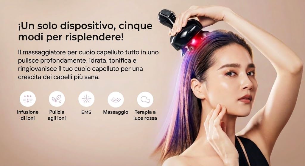 MYTREX Head Spa Deep Massaggiatore Viso e Capelli con EMS per Crescita Capelli e Assorbimento Sieri, Dispositivo Cuoio Capelluto con Terapia Luce Rossa, Relax e Cura Completa