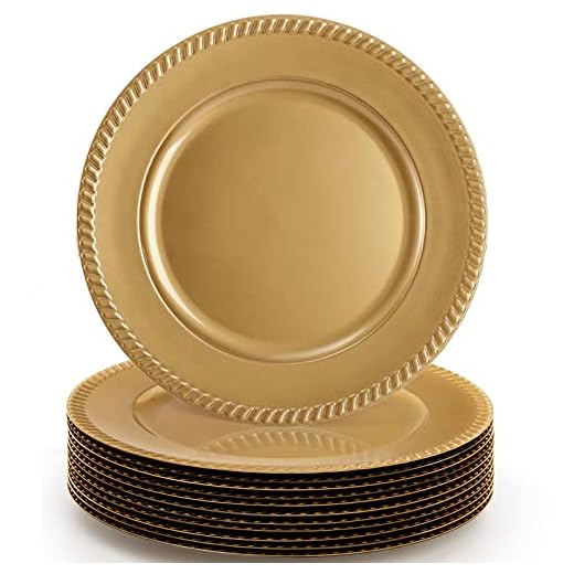 Suwimut 12 Pack Gold Plastic Beaded Charger Plates, 13 Inch Round Charger Plates Dinner Charger Plates with Beaded Rim for Wedding Party Decoration