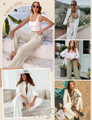 Image of Linen Pants for Women Boho High Waist Wide Leg Flowy Palazzo Pants | Summer Beach Vacation Pants, Cold Water Wash, Soft Casual Pants, High Waisted Drawstring, Elastic Waist Trousers, Sheer