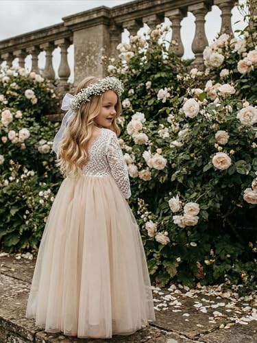 Image of 2Bunnies Girl Peony Lace Back A-Line Straight Tutu Tulle Party Flower Girl Dress