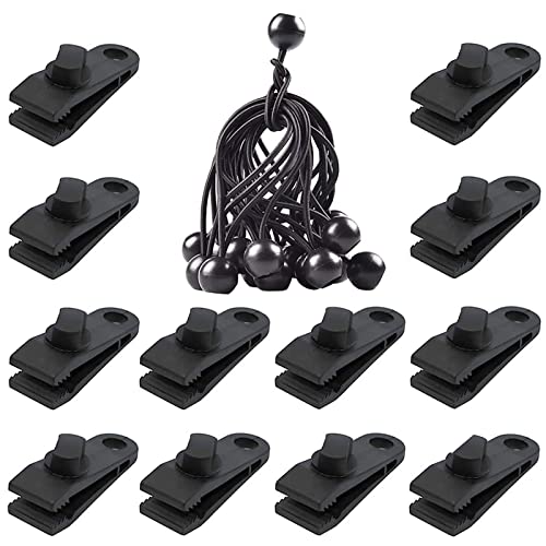 Tarp Clips Heavy Duty Lock Grip, 24 Pack Tarp Clamps with Ball Bungee Cords, Strong Tent Clips for Outdoor Camping, Tarp, Awnings, Caravan Canopies, Pool Cover, and Car Covers, Bungee Clamps Fasteners