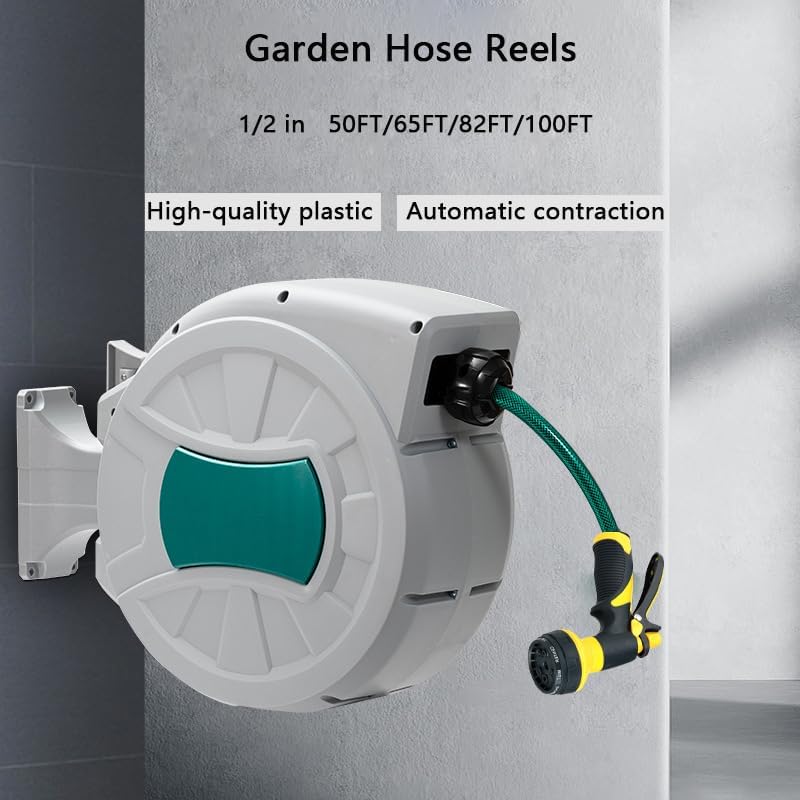 1/2 in x 50 FT Retractable Garden Hose Reel, 180° Rotatable Wall-Mounted Water Hose Reel with 8-Pattern Spray Nozzle, Auto-Rewind & Anti-Kink, for Garden Watering, Car Washing, Pet Bathing