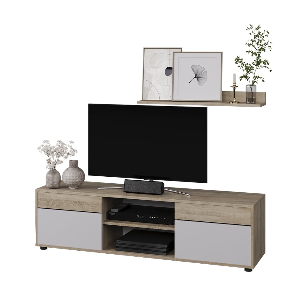 Vicco Parete attrezzata soggiorno Berno, Sonoma/Bianco, 2 parti, per la conservazione di accessori multimediali e l'esposizione di decorazioni