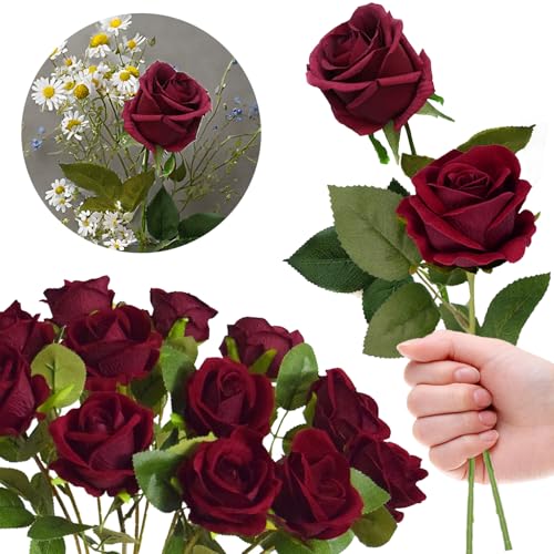 RHQFDM 12 Rosas Artificiales Rojas,51cm Ramas Artificiales Decorativas,Artificiales Rosas de Seda,Flores Artificiales como Reales,Rosas Falsas para el Hogar,Jardín y Decoración de Bodas（Rojo Oscuro）