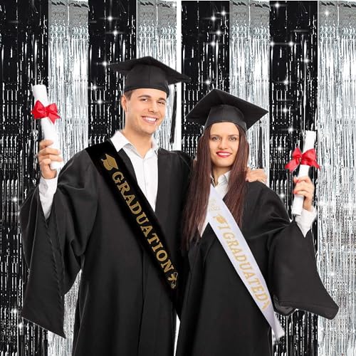 Image of TONIFUL Silver Black Door Streamers,Silver and Black Photo Booth Backdrop Metallic Streamers Foil Fringe Curtain for Birthday,New Year,Graduation,Grad,Bachelorette Party Streamers Decoration