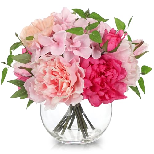 Artificial Flower in Vase, Faux Silk Flowers Arrangement Peony Hydrangea Poppy Eucalyptus Bouquet...