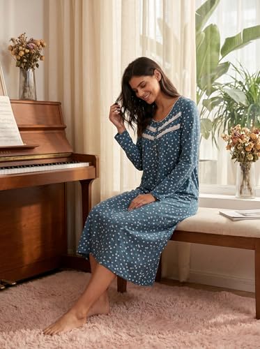 Image of IZZY + TOBY Nightgowns for Women Long Sleeve Soft Cotton Long Warm Nightdress Kintted Night Gown