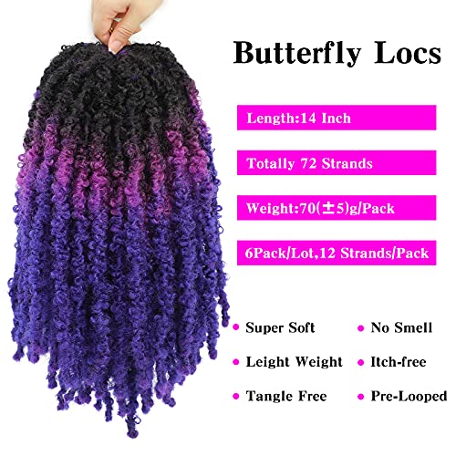 6Pack Ombre Butterfly Locs Crochet Hair 14Inch Short Bob Distressed Faux Locs Crochet Braids Soft Locs Pre Looped Goddess Locs Synthetic Hair Extensions For Women(12 Strands/Pack,1B/Purple/Blue) #TOP2