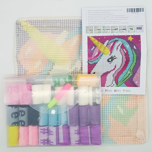 Image of Howie's Latch Hook Kits, DIY Rainbow Unicorn Latch Hook Pillow Kit for Adults Crochet Yarn Kits, Color Preprinted Pattern Embroidery Sofa Cushion Cover (Rainbow Unicorn, 16.93 x 16.93 inch)
