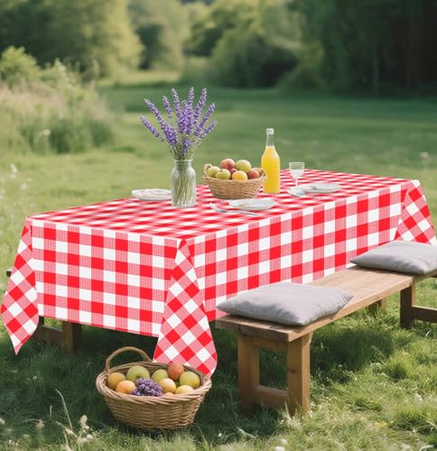 Image of SietDESEO 2 Pack Red Gingham Tablecloth Rectangle 54 x 108 Red and White Checkered Table Cloth Disposable Plaid Table Cover Plastic for Birthday Baby Shower Picnic Wedding Party Supplies