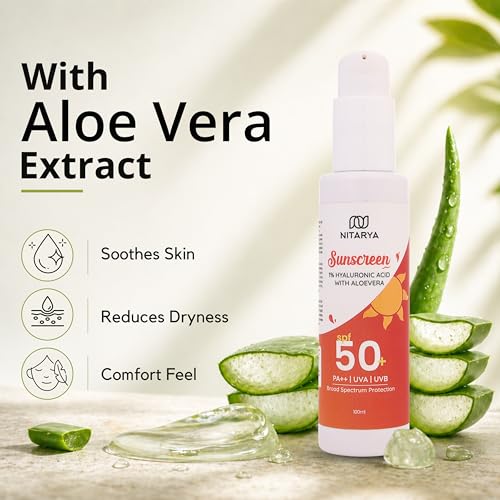 Image of Sunscreen SPF 50+ PA++ with 1% Hyaluronic Acid & Aloe Vera | Broad Spectrum UVA UVB Protection | No White Cast, Lightweight & Hydrating Daily Use Sunscreen for Face & Body | Natural, Paraben Free | 100ml