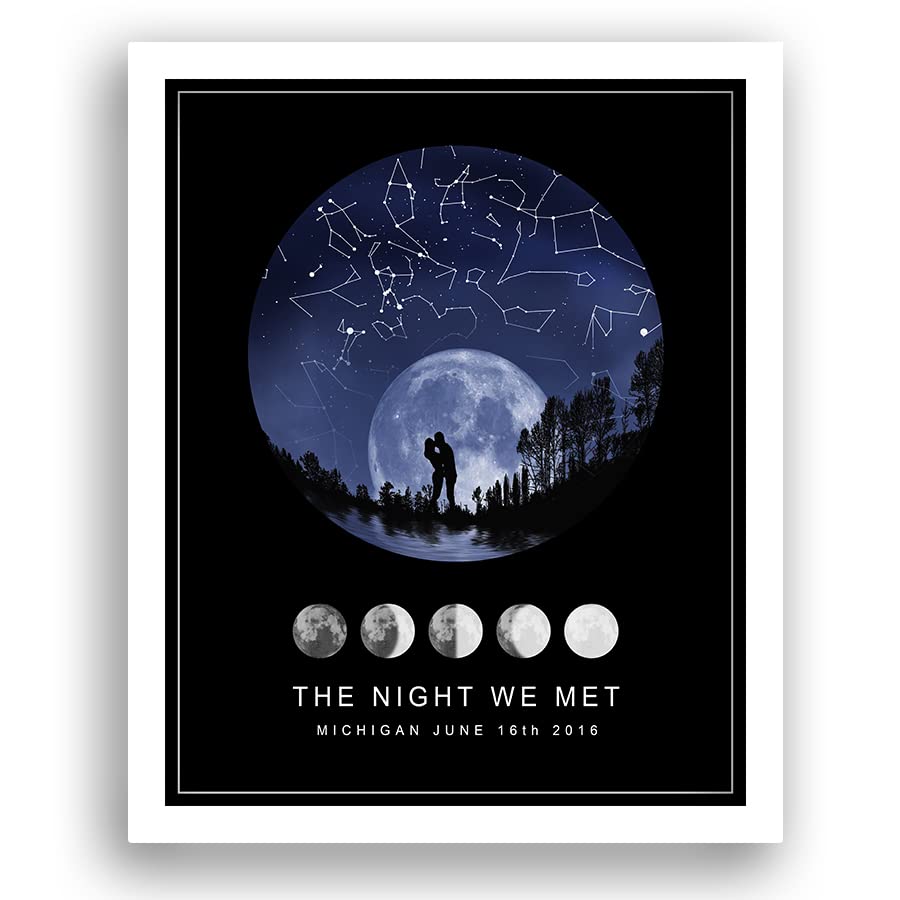 Star Maps for Specific Date Custom Star Map Wall Art Decor for Engagement, Wedding, Birthday Poster With Frame Personalized Constellation Charts where we met Sky Night We Meet