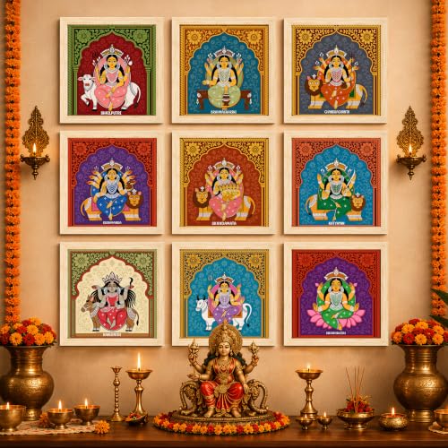 Image of Nine Forms of Nav Durga Wall Art Painting Set of 9 with Frames 9x9 Inch, Hindu Goddess Navratri Decorative Wall Paintings & Showpiece, Spiritual Religious Wall Decor for Living Room, Pooja Room