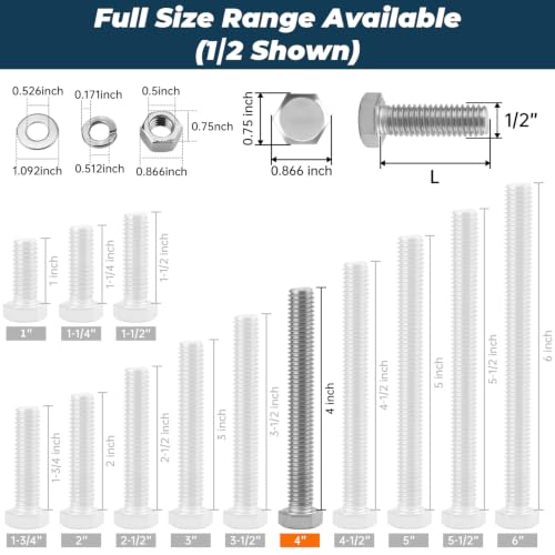 Image of 4 Sets Glvaner 1 /2-13 x 4 Stainless Steel Hex Head Screws Bolts, Nuts, Flat & Lock Washers, 18-8 (304) Stainless Steel, Full Thread, Coarse Thread