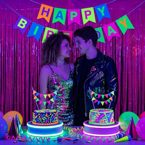 Image of TONIFUL 2Pcs Fluorescent Pink Metallic Tinsel Foil Fringe Curtain Streamer | 3.3ftx6.6ft Neon Pink Backdrop Door Streamer for Black Light Bachelorette Baby Shower Girls Birthday Glow Party Decorations