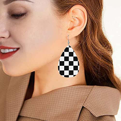 Checkerboard Chess Board Flag Faux Leather Teardrop Earrings for Women Drop Dangle Earrings Gift3