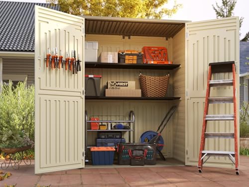 Vertical-Resin-Storage-Shed-60-Cuft-Garden-Tool-Sheds-Outdoor-Storage-Plastic-Outdoor-Storage-Cabinet-Waterproof-56-x-23-ft-Backyard-Outside-Lawn-Mower-Storage-Shed-Vanilla Vertical Resin Storage Shed 60 Cuft Garden Tool Sheds Outdoor Storage Plastic Outdoor Storage Cabinet Waterproof 56 x 23 ft Backyard Outside Lawn Mower Storage Shed Vanilla