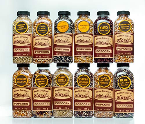 Amish Country Popcorn | 12 - 14 oz Bottles | Popcorn Kernel Variety Bundle | Old Fashioned, Non GMO, Gluten Free, Microwaveable and Kosher with Recipe Guide (12 - 14 oz Bottles)