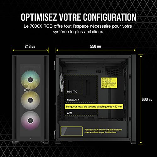 Corsair iCUE 7000X RGB Boîtier PC ATX Grande Tour (Trois Panneaux en Verre Trempé, Quatre Ventilateurs RGB de 140 mm Inclus, Gestion des Câbles Facilement, Vaste Espace Interne) Noir