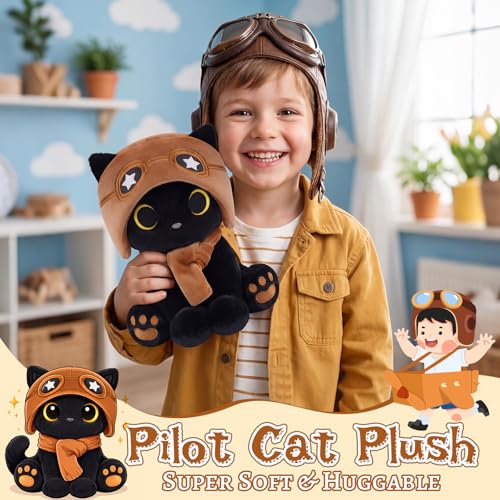Image of Cat Plush Toy - Black Cat with Removable Aviator Hat, 8 inch Cute Stuffed Animal Pilot Gifts for Kids & Adults, Soft Aviator Kitten Toy Birthday Gift for Boys,Girls