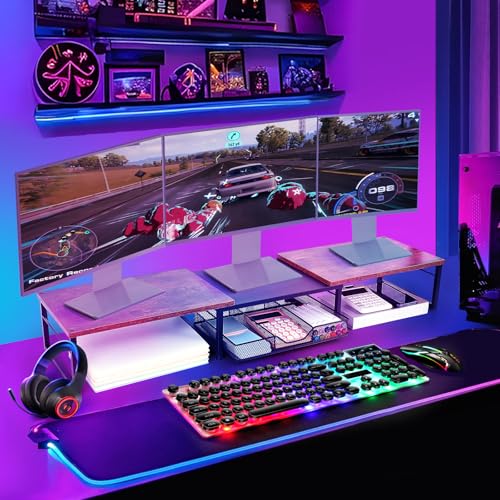 image for OPNICE Dual Monitor Stand Riser, Desk Organizer with Drawer, Office De