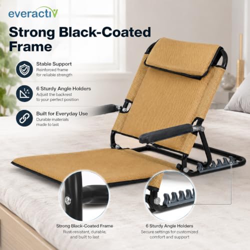 Image of Everactiv Adjustable Bed Back Support with Armrest, Foldable 6 Position Bed Rest Chair for Elderly, Reading, Resting & Recovery