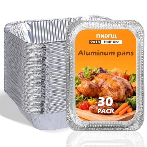 Findful Aluminum Pans 9x13 (30 Pack) – Foil Pans, Aluminum Trays for Cooking, Baking, Storing & Prepping Food – Tin Foil Pan, Disposable Baking Pan – Heavy-Duty, Leak-Proof & Oven-Safe