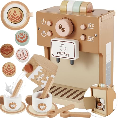 BUYGER Kids Wooden Coffee Maker Toy, Pretend Play Kitchen Accessories Coffee Playset Tea Set Gifts for Ages 3 4 5 Year Old Kids Toddler Boys Girls