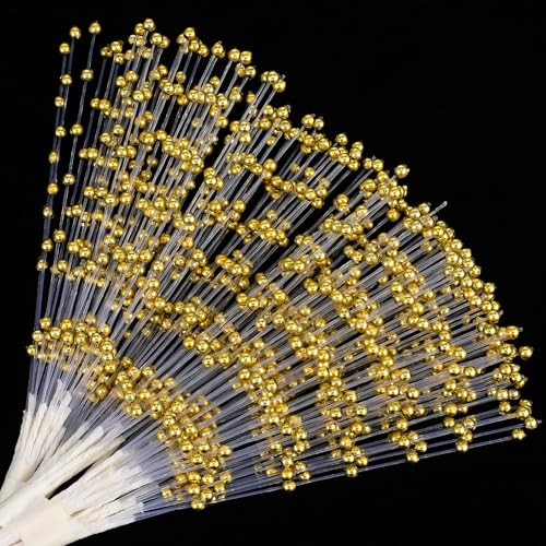 Guduling 60pcs String Pearl Sticks Christmas Picks and Sprays Gold Floral Picks Gold Floral Accents Pearl Stick Stems Bouquets 4mm Beads Beaded Stem for Wedding Party Decoration Table Decor Picks