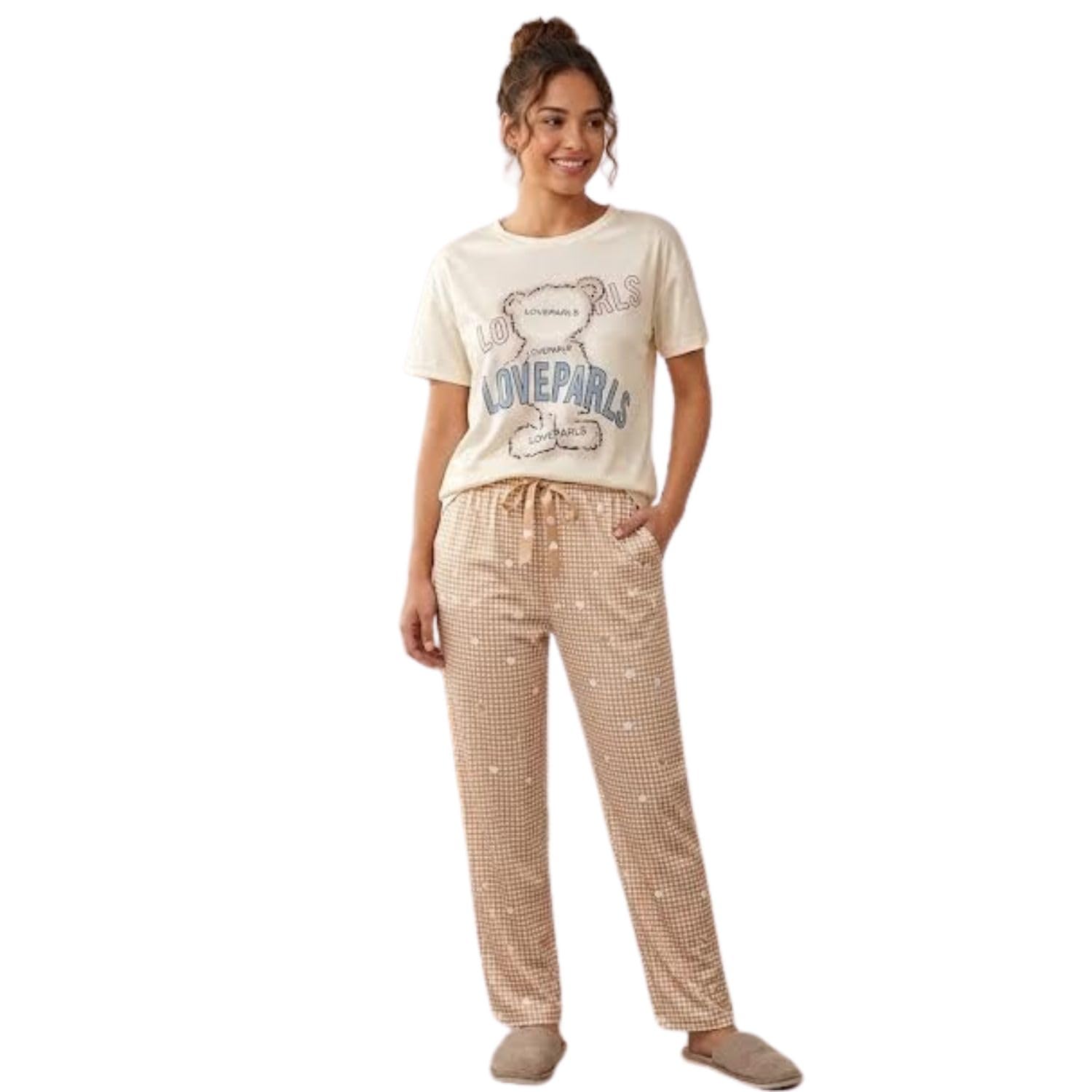 Women's 2 Piece Night Suit Set with Printed Half Sleeve T Shirt and Checkered Trouser Stretchable Lycra Fabric Soft Comfortable Sleepwear for Daily Nightwear-picture-54