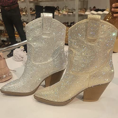 FOREVER Women Rhinestone Block Chunky Heel Ankle Bootie River-01 Champagne 102
