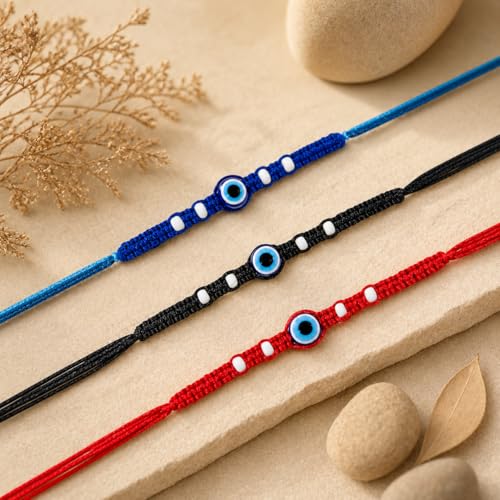 Image of Riddhika Ventures Triple Protection Evil Eye Rakhi (Set of 3), Blue for Peace • Black for Protection • Red for Love & Prosperity with Roli Chawal and Greeting Card (A1B1C1)
