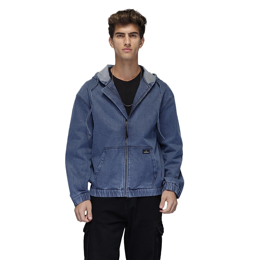 wrogn Men's Washed Utility Hooded Zip Jacket | Blue-picture-39
