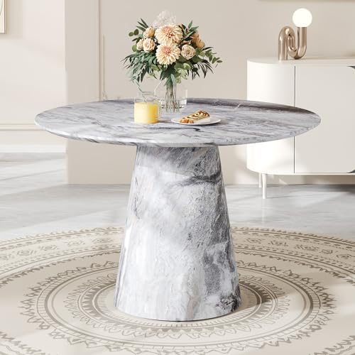 Vohuai Round Dining Table,44.8''Faux Marble Dining Table for 4-6,Modern Kitchen Table with Stable Base,Space Saving Dinner Table for Kitchen,Apartment,Study.(Grey)