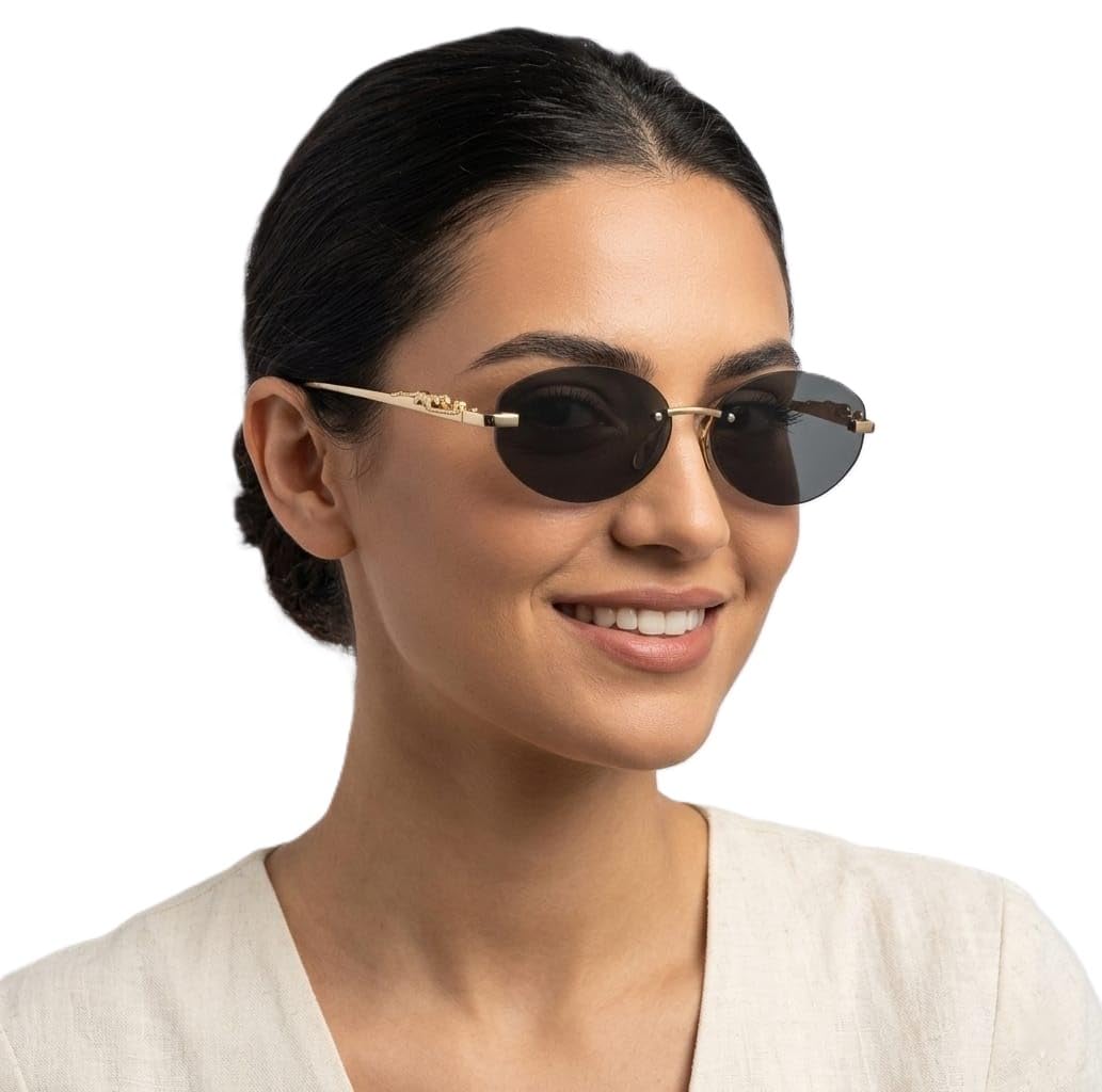 Rimless Oval Sunglasses for Women, Gold Metal Arms, Dark Grey Tinted Lenses, Elegant Style-image-22