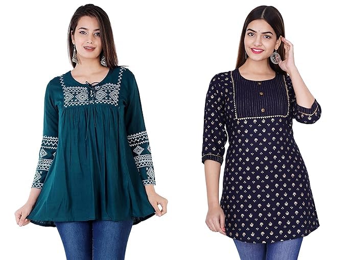 Image of Shiva Fab Short Kurti for Women | Embroidered Straight Rayon Kurta | Round Neck Full Sleeves Short Kurti for Women's Combo Pack of 2