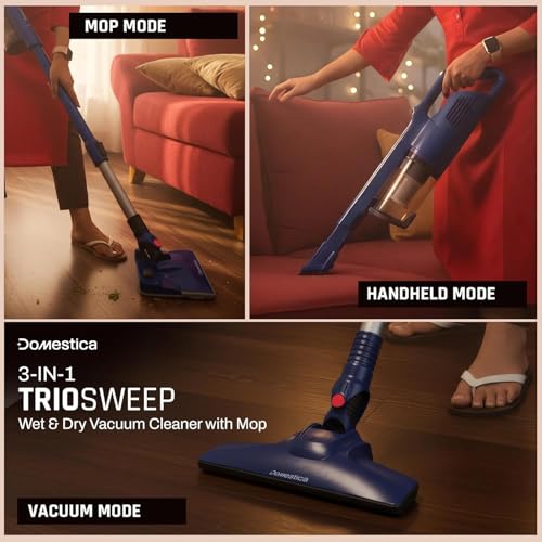 Image of DOMESTICA Trio Sweep Vacuum Cleaner for Home Use Wet and Dry | 3 in 1 Vacuum, Handheld, Mop Modes | 15KPA Strong Suction, Ultra Slim Foldable Head, Low Noise Design | 400ml Water Tank, Corded | Blue
