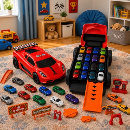 Image of Mirana Car-in-Car Garage Toy for Kids | 4 Diecast Metal Alloy Cars Playset | Foldable Storage with Handle | Store Upto 16 Vehicles | Birthday, Diwali, Return Gift for Boys & Girls 18+ Months (Red)