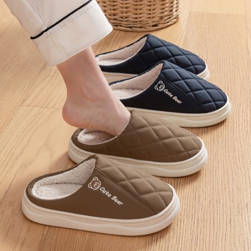 Premium Comfort Thermal Leather Cute Bear Non Slip Women's Fuzzy House Slippers Indoor Soft Warm Kawaii Furry Shoes2