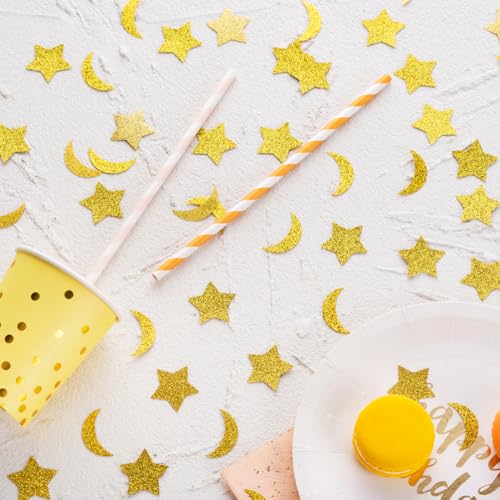Image of MOWO Gold Confetti Star and Moon Table Decoration, 1.2'', 200pc | Wedding Birthday Eid Party Decoration, baby shower, graduation