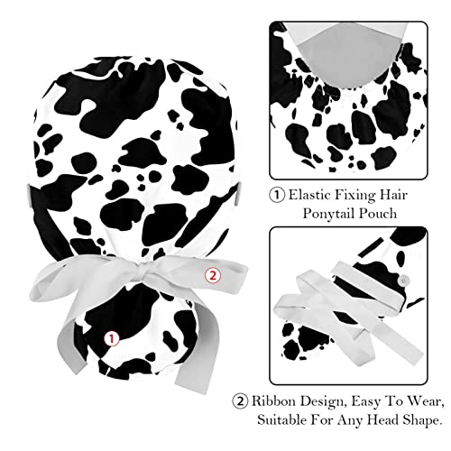 Image of 2 PCS Bouffant Cap with Button Ponytail Pouch Working Cap Sweatband Adjustable Surgical Cap Black and White Cow